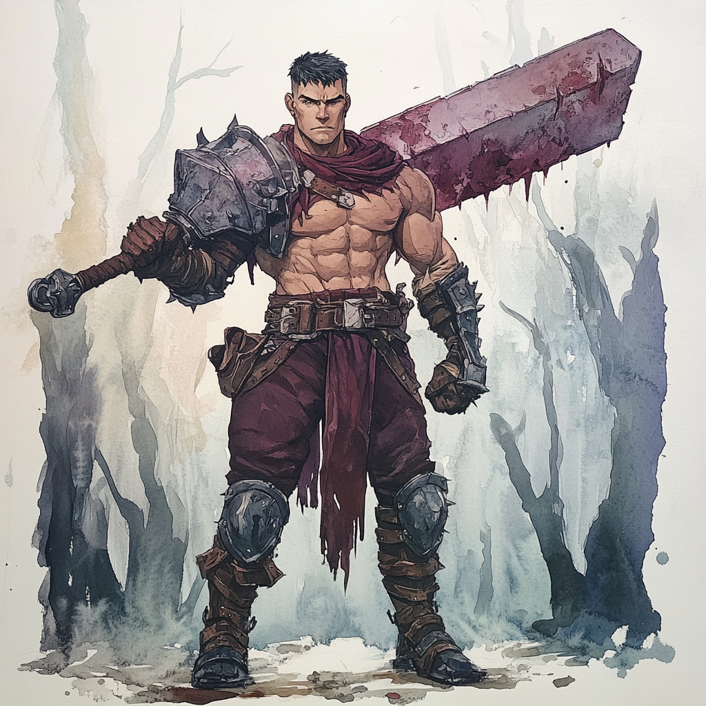 Muscular fighter with greatsword watercolor