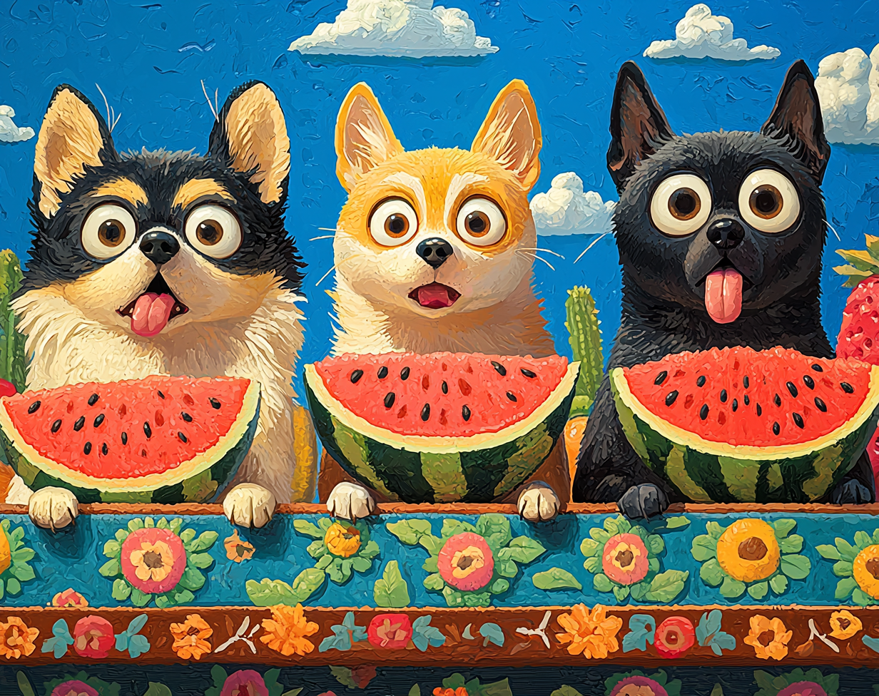 Chihuahuas wide eyed watermelon Ghibli