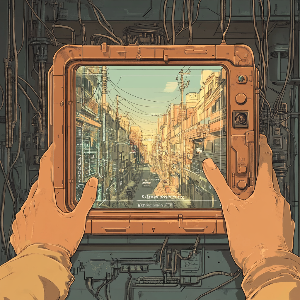 touchable screen with mechanical background displaying streetscape picture words