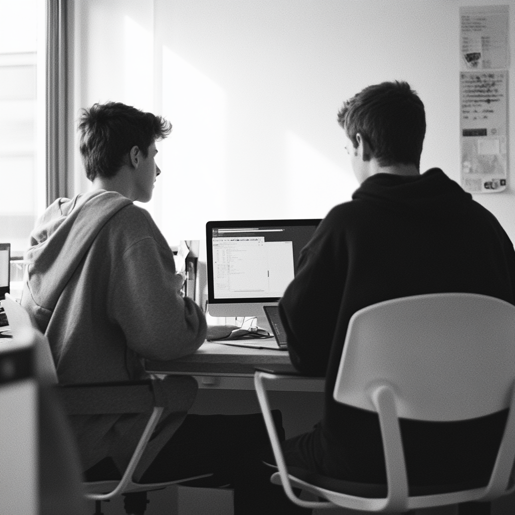 Two Men Chatting Laptop Office