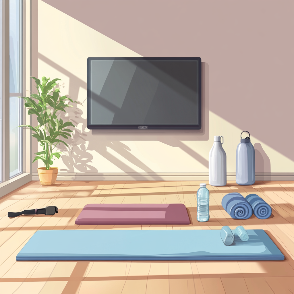 vector style living room scene with exercise equipment.