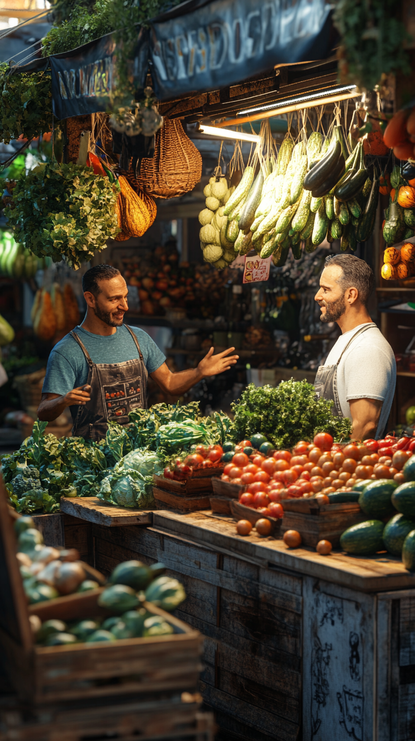 Vegetable Shop Worker Explaining Benefits