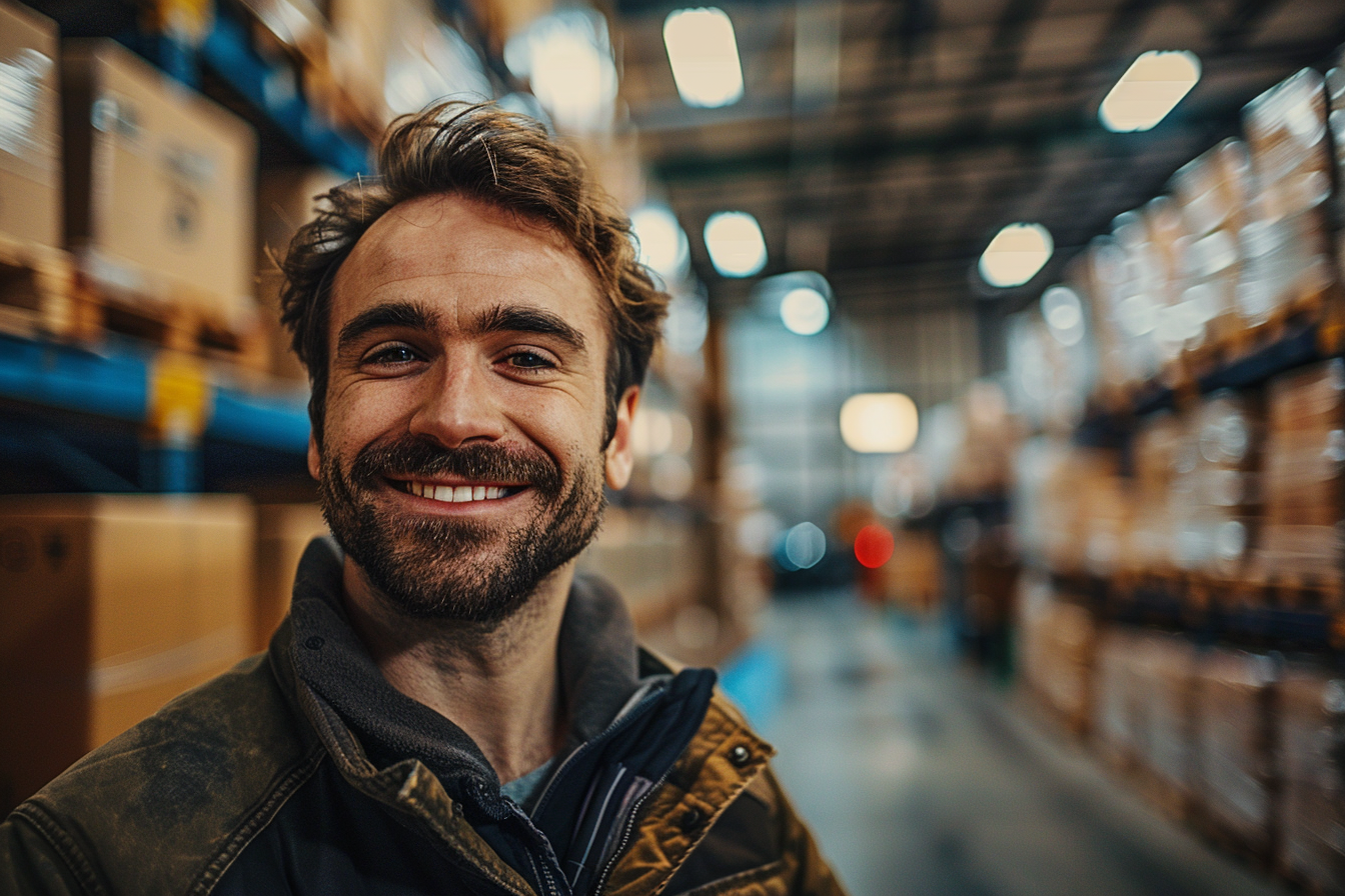 Man Smiling in Warehouse Setting