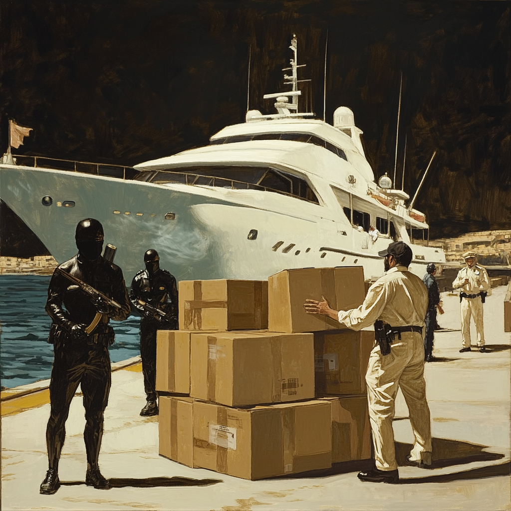 Yacht Loading Crates Pier Scene