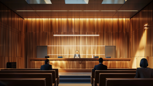  Educator speaks in modern courtroom with digital screen.