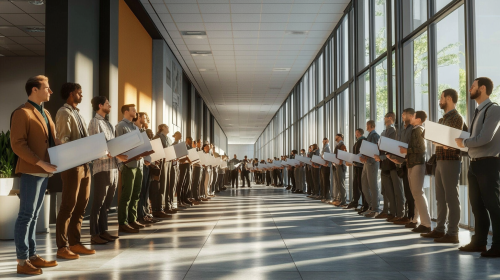  Office Workers Waiting in Long Line with Documents