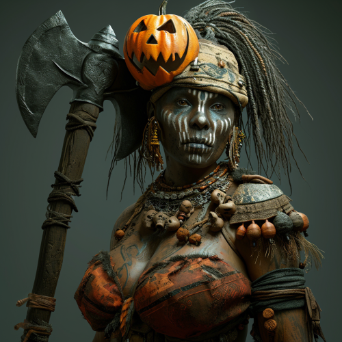 4. Amazonian woman with metal axe and oversized jack-o-lantern