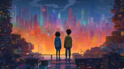 4. Children exploring captivating urban cityscape with wonder 4. Children exploring captivating urban cityscape with wonder