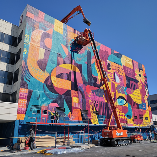 4. Image of a colorful mural being painted on a building
