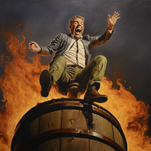Woody Hartelson jumps on a barrel of gasoline.