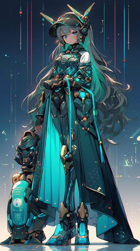 Young qipao robot girl in futuristic setting