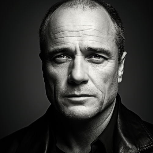 4. Image of a 50-year-old film director resembling Marlon Brando with a prominent forehead