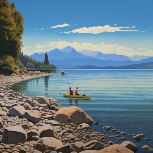 4. Two persons preparing kayak at rocky beach