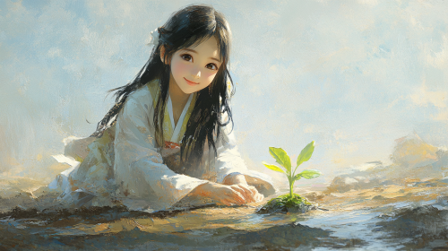 10 year old Korean girl bodhisattva in oil painting.