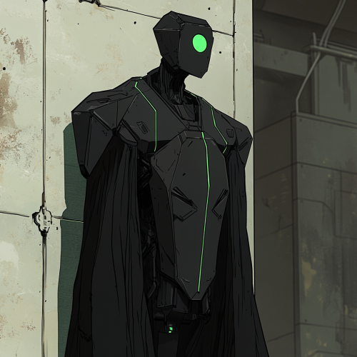 15ft tall mech in cloak of hexagons, green highlights.