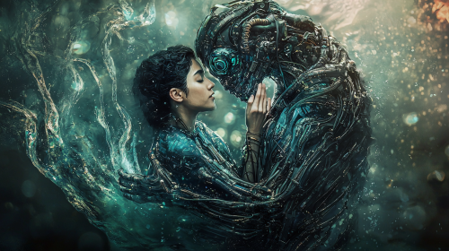 16:9 photo of Alien Mermaid embracing human.