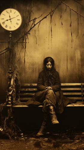 Vintage woman in old clothes with clock head on railway