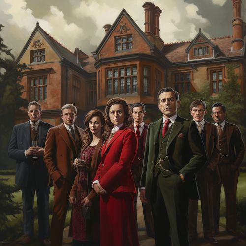 Group of men and women with red vests and ties standing in front of a manor