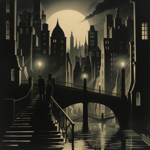 1920s city night illustration of half raised bridge