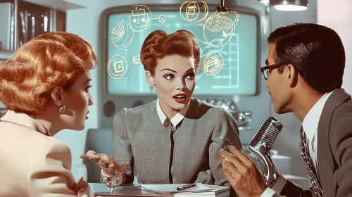 1950s Retro-Futuristic Office Discussion Between Diverse Colleagues
