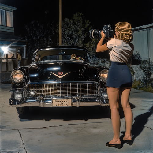 1954 Photographer captures Marilyn Monroe by black Cadillac.