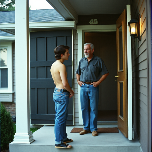1970s Teen and Old Man Chatting on Porch