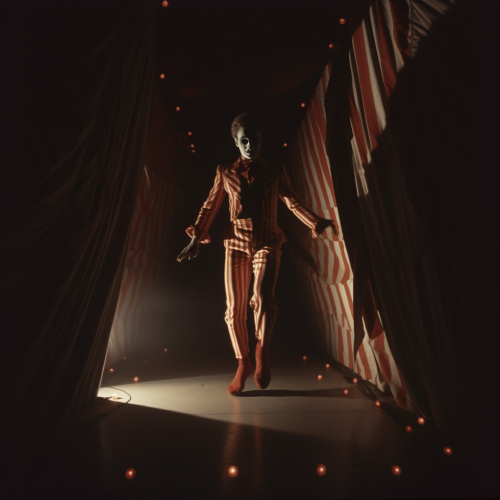 Energetic circus performer running into the dark