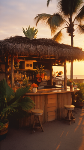 Stylized 1980s Beach House Outdoor Tiki Bar