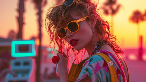 Skater girl in vibrant 1980s street scene Skater girl in vibrant 1980s street scene
