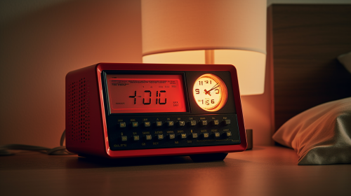 1990s digital clock radio with red numbers, cozy atmosphere. 1990s digital clock radio with red numbers, cozy atmosphere.