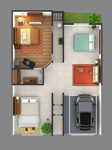 2-Bedroom Floor Plan with Living Area and Parking