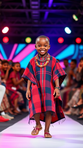 2-year-old Maasai boy in traditional attire strutting confidently.