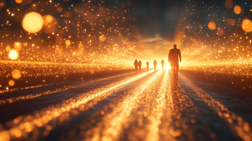 Person walking towards success lights Person walking towards success lights