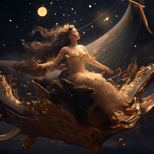 Whales flying in the night sky with girl