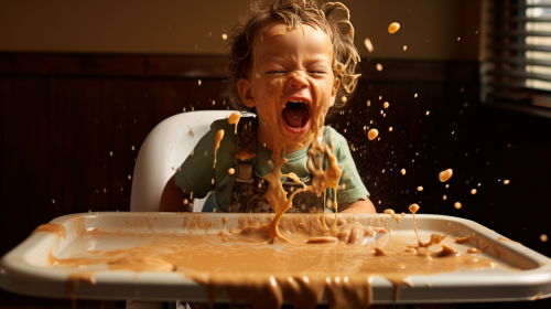 3-year-old boy slurping mash in high chair