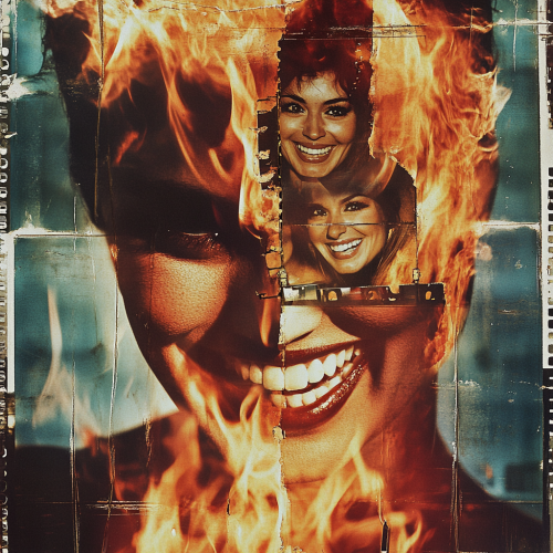 35mm film strip, burning man, smiling women, photorealistic portrait, film grain, kodak stock.