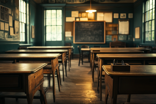 35mm film-style photo of Victorian-era classroom with desks.