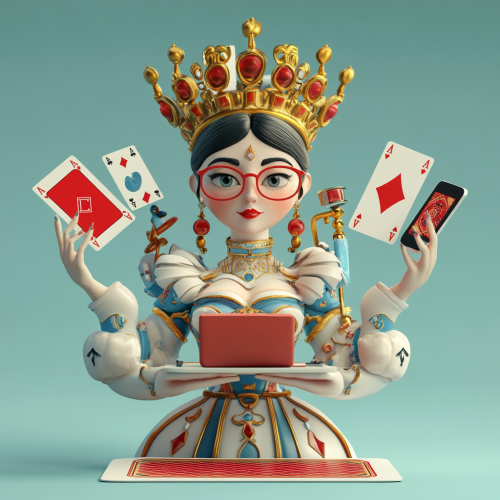 3D Latin queen character emerges from playing card with 4 hands holding various items.