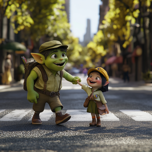 3D Pixar Green Orc Boy Scout Helping Lady 3D Pixar Green Orc Boy Scout Helping Lady