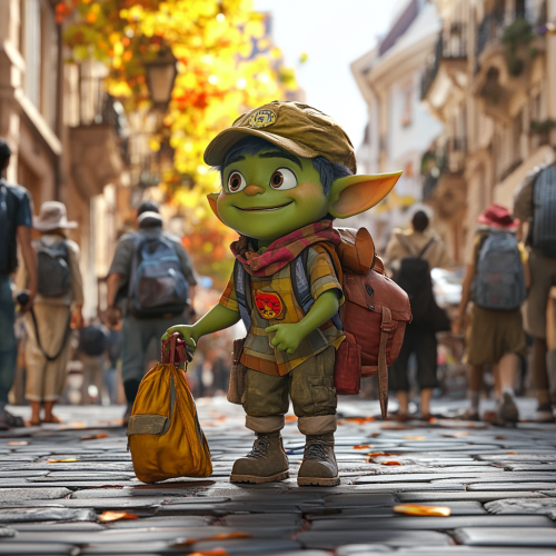 3D Pixar Green Orc Child Scout Helping People 3D Pixar Green Orc Child Scout Helping People