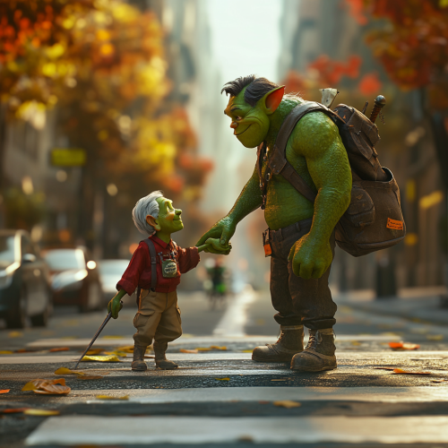 3D Pixar green orc boy scout helping elderly, funny texture 3D Pixar green orc boy scout helping elderly, funny texture