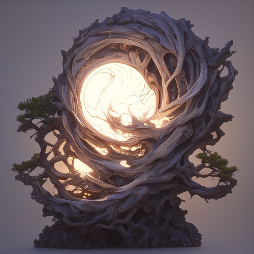 3D-printed oak tree sculpture with LED lights, textures, engravings.