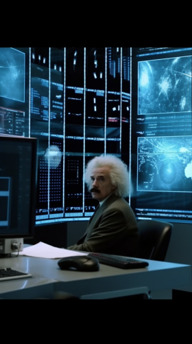 Einstein contemplating video buffering in digital analysis chamber Einstein contemplating video buffering in digital analysis chamber