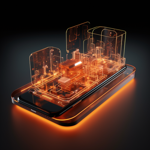 3D Smartphone Perspective with Orange Lights and Shapes