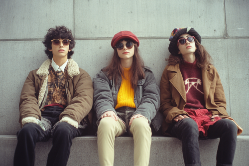 4 nerdy teenagers sit on concrete wall in industrial space.