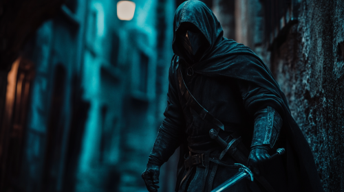 4k dark fantasy action shot of rogue thief.