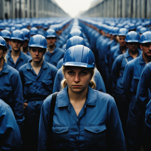 Image of 500 workers wearing blue overalls and white helmets in an industrial yard