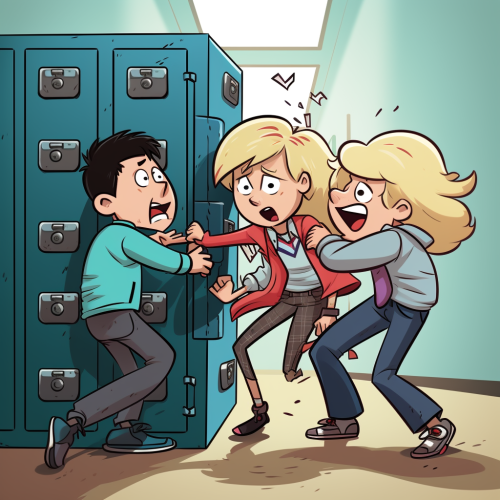 Cartoon depiction of 5th grade bullies pushing blonde kid