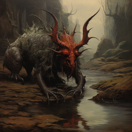 70s Dark Fantasy Painting of Bukavac near River