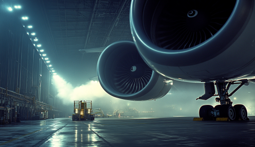 747 airplane testing in hangar with bright lights.